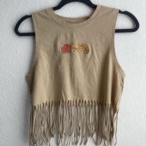 La Luna: Fringed Crop Top with Sunflower and Butterfly Design